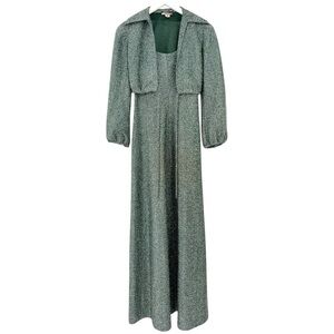 Made in USA Vintage Green Silver Metallic Sleeveless Maxi Dress & Jacket